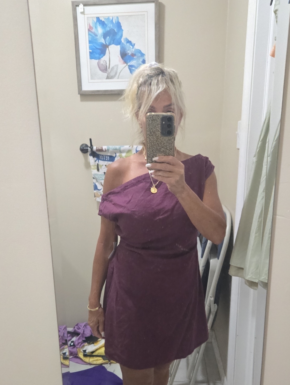 Old Navy One-Shoulder Linen  Plum Dress Elastic Waist